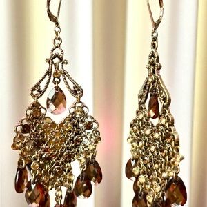 Elegant Gold tone and Brown Chandelier Earrings